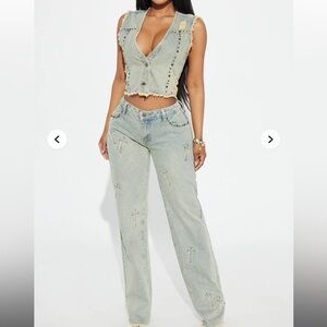 Women's Light Blue Jeans with Cross Embellishments and Jean vest set